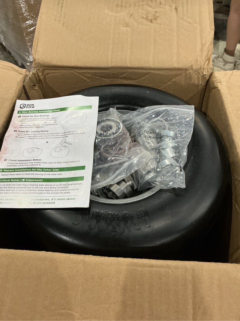 Condition photo showing As Is for 13x5.00-6 flat free lawn mower tire, zero turn mower front tires, 13x5x6 solid mower wheel for residential and commercial, 3/4" & 5/8" bearing, 3.25"-5.9" center hub, 2pack gray, 500lbs