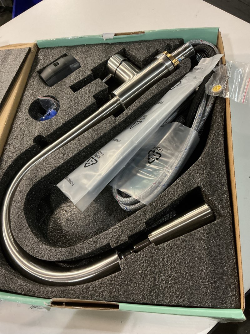 Condition photo showing Good Condition for forious chrome kitchen faucet with soap dispenser, high arc modern sink faucet with pull down sprayer and deck plate, stainless steel fit for 1 or 3 hole for pot filler bar farmhouse laundry rv chrome modern