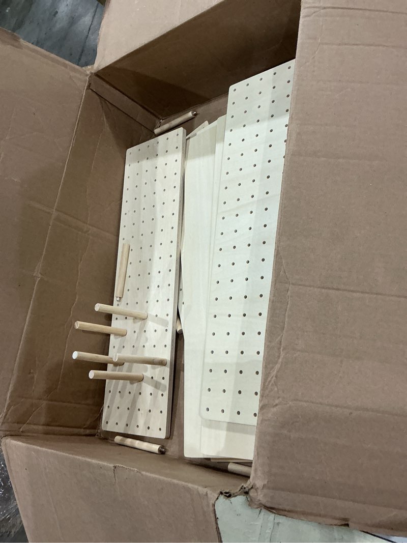 Condition photo showing As Is for wooden pegboard drawer organizer with adjustable pegs for kitchen utensils dishes cookware