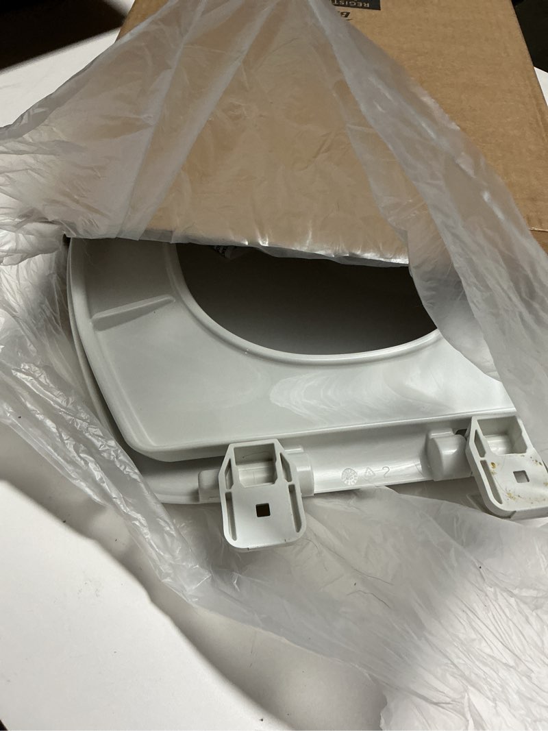 Condition photo showing As Is for Mayfair Caswell Modern Slow Close Toilet Seat, Durable Plastic, Elongated, White Elongated 1 Seat
