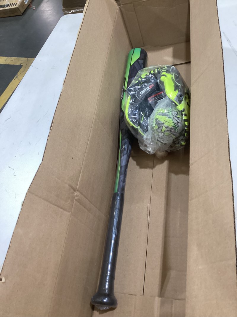 Condition photo showing Good Condition for youth t-ball set, 25” signature aluminum t-ball bat with -10 drop, foam core t-ball, 9” lightweight youth glove, vibrant graffiti print volt