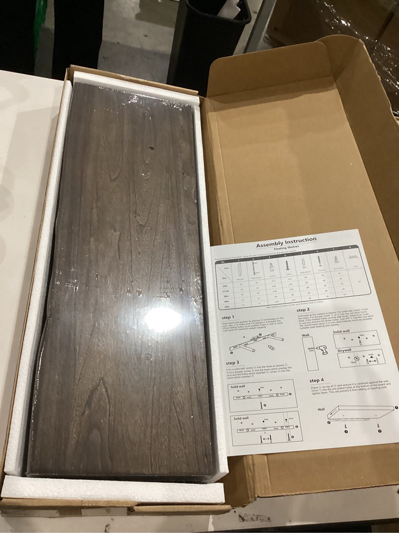 Condition photo showing Good Condition for floating shelves set of 2, solid elm wood wall shelves 24 inch - invisible bracket mount for living room, bedroom, kitchen, bathroom - brown dark brown live edge, 24"l, 2packs