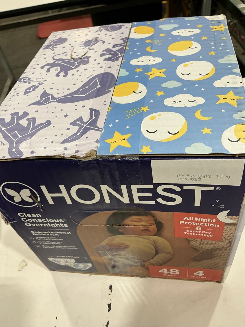 Condition photo showing New/Like New for the honest company comfort dry overnight diapers, up to 12 hours protection, hypoallergenic, cozy cloud + star signs, club box size 4 (22–37 lbs), 48 count size 4 48