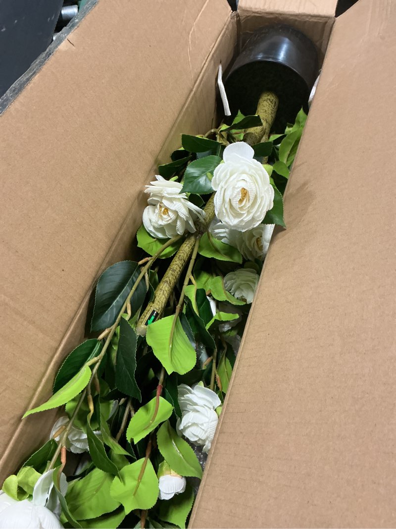 Condition photo showing Good Condition for goviraye artificial camellia tree, 4ft white faux camellia plant indoor, realistic artificial tree with flowers for home office living room bedroom outdoor porch patio yard garden housewarming decor
