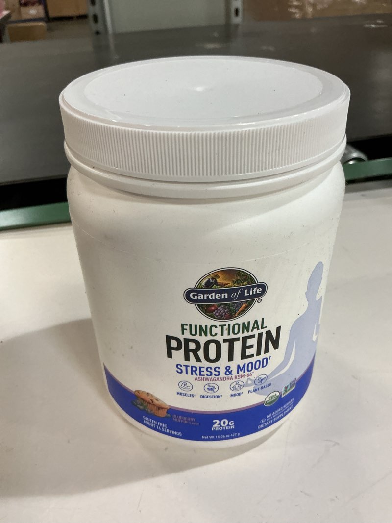 Condition photo showing New/Like New for (BBD 01/2026). Garden of Life - Functional Protein Stress Relief - 20g Organic Sprouted & Fermented Protein Blend - Blueberry Muffin, Mood Blend for Stress Management, Ashwagandha KSM-66, Vegan - About 14 Servings