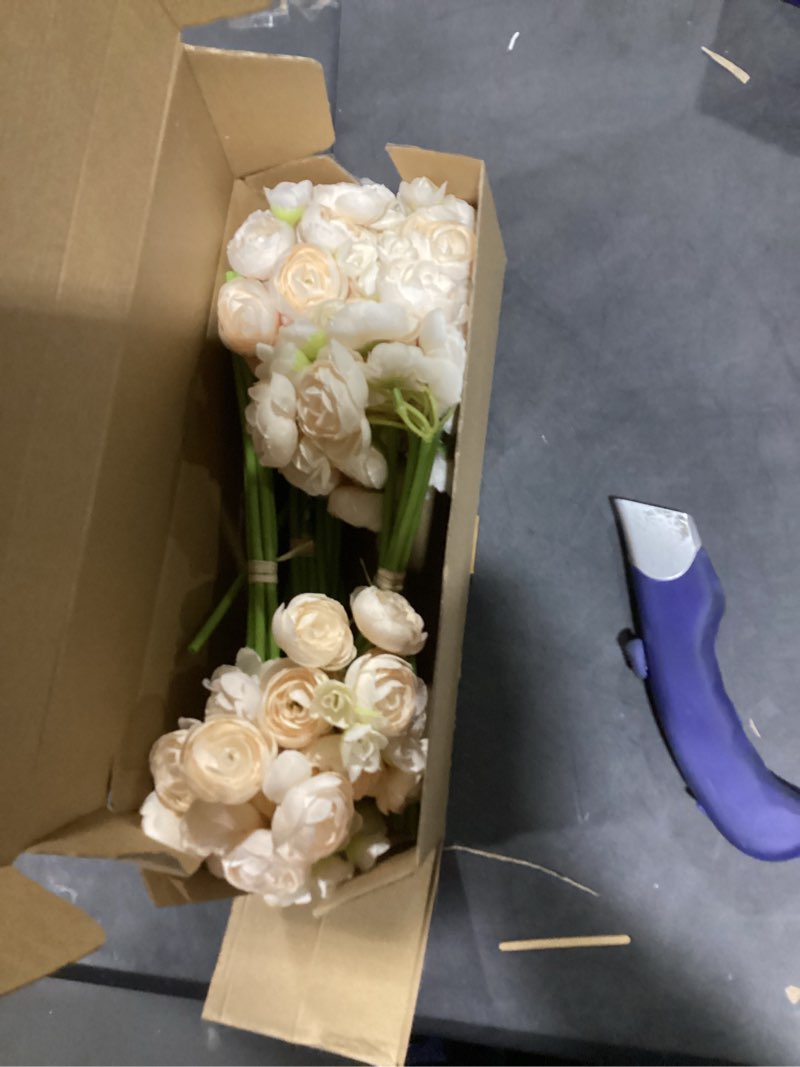 Condition photo showing Good Condition for floroom ranunculus artificial flowers 18 pcs champagne faux silk mini ranunculus bulk fake wedding filler flowers for diy cream bouquets, centerpieces, bridal shower decorations & arrangements