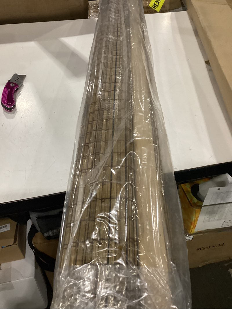 Condition photo showing Good Condition for cordless bamboo roman shades 34x64in, light filtering bamboo blinds for indoor windows, office, bathroom and living room, privacy teak.