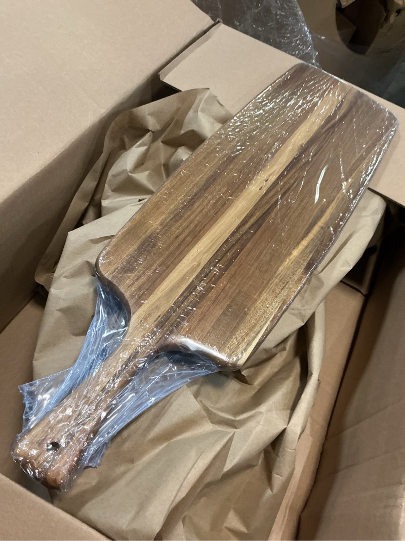 Condition photo showing Good Condition for Acacia Wood Cutting Board and Large Charcuterie Board with Handle - Long Serving Board for Veggies, Bread, Cheese Board, Appetizers, and Picnic Celebrations, 24x7 Inch 24"L x 7"W