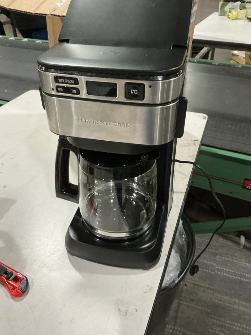 Condition photo showing As Is for Hamilton Beach 12 Cup Programmable Drip Coffee Maker with 3 Brew Options, Glass Carafe, Auto Pause and Pour, Black Stainless (46293)