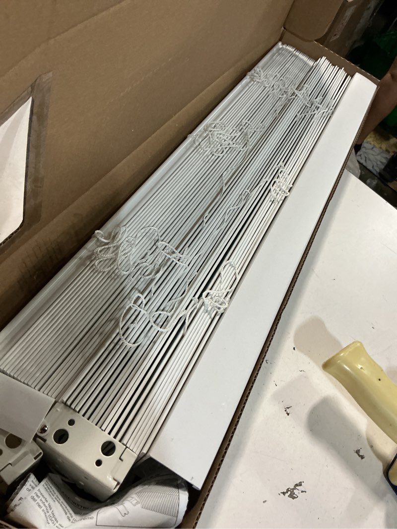 Condition photo showing Good Condition for allen + roth trim at home 2-in slat width 27-in x 72-in cordless white faux wood room darkening horizontal blinds