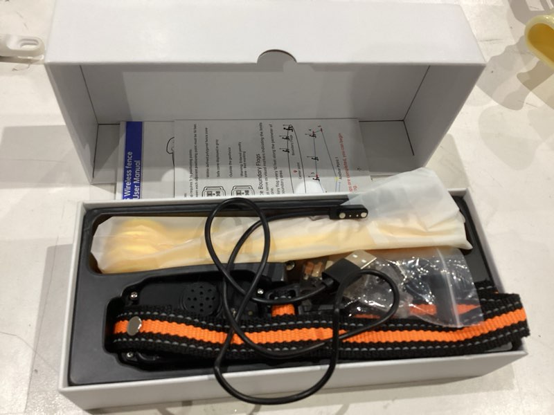 Condition photo showing As Is for gps wireless dog fence system, electric dog fence using gps electric satellite technology, ipx7 waterproof rechargeable design, gps dog collar has 2 modes circular and free-form fence