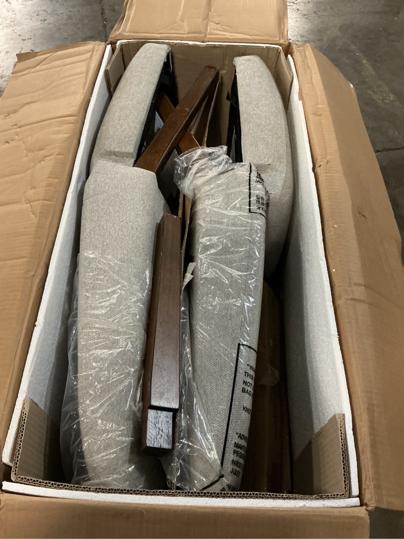 Condition photo showing As Is for signature design by ashley lyncott dining chairs set of 2, mid century modern style, solid wood frame with light gray polyester upholstery, for casual kitchen and dining room spaces, medium brown cream & brown
