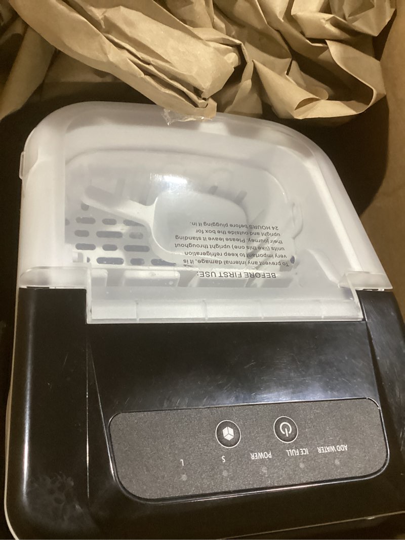 Condition photo showing As Is for dumos ice maker countertop, ice machine with portable handle, basket and scoop, 26lbs daily, 9 bullet cubes in 6~8 mins, auto-cleaning for home, kitchen, office, outdoors, rv camping black 11.1"l × 8.9"w × 11.8"h