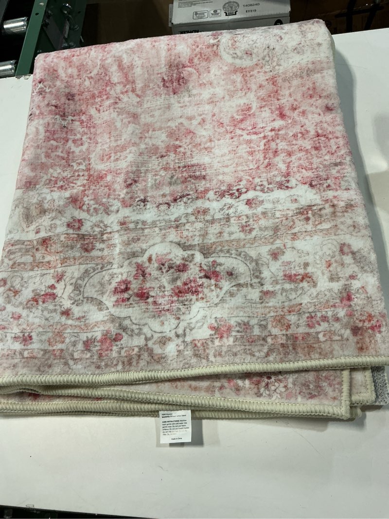 Condition photo showing As Is for Castage Pink Rug 4'x6.5',Washable Area Rugs for Bedroom Living Room Kitchen Entryway,Small Boho Vint