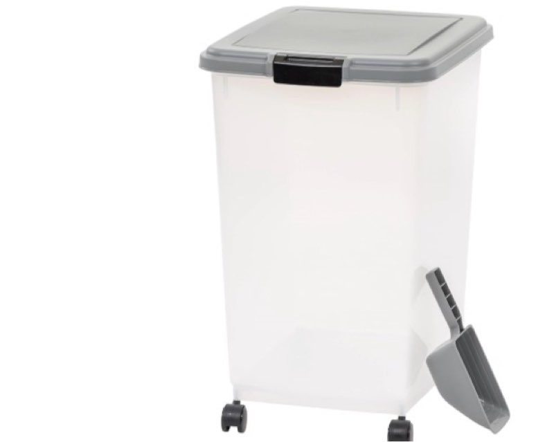 amazon basics airtight pet food storage container with scoop, bpa free, removable wheels, 69 qt, gra