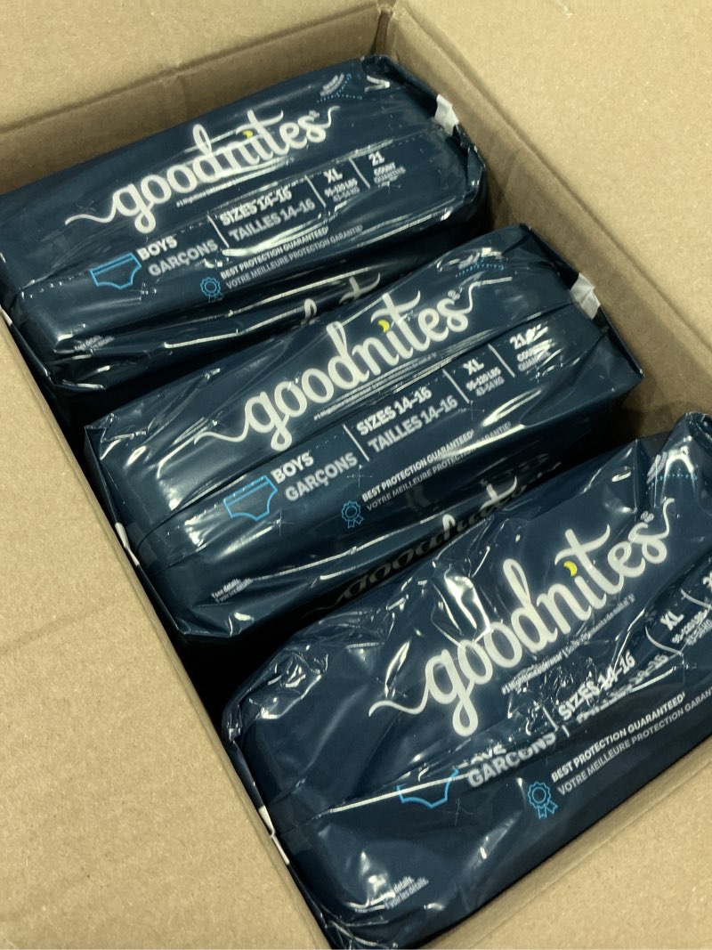 Condition photo showing New/Like New for Goodnites Boys' Nighttime Bedwetting Underwear, Size Extra Large (95-120 lbs), 63 Ct (3 Packs of 21)