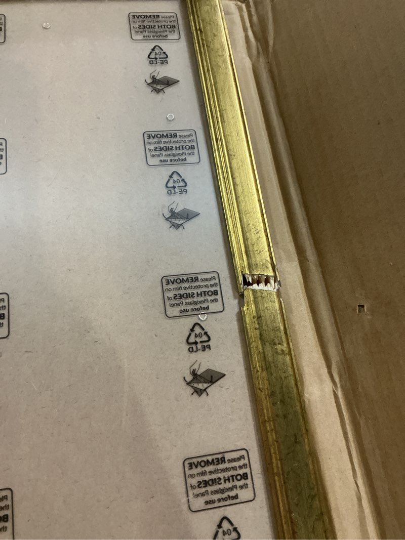 Condition photo showing As Is for ( Broken) Wood 13x17 Frame Gold, Ornate Natural 17x13in Poster Picture Frame, Modern Golden 13 x 17inch Gallery Wall Photo Frame with HD Plexiglass, Horizontal Vertical Wall Mounting Display 1pcs Gold 13x17