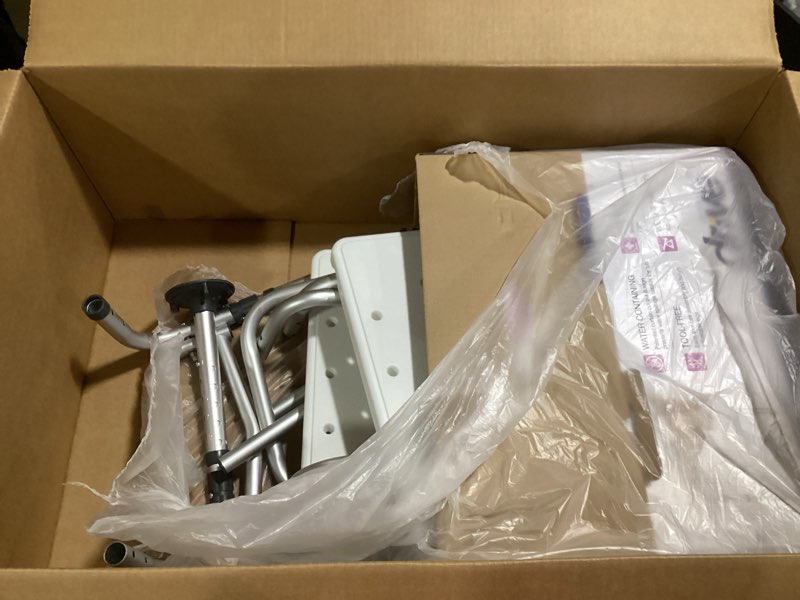 Condition photo showing As Is for Drive Medical Splash Defense Tub Transfer Bench for Bathtub - U-Shaped Shower Curtain Guard - Adjustable Height - Reversible Design - 400 Lb Capacity - Safe Bathing Aid - White