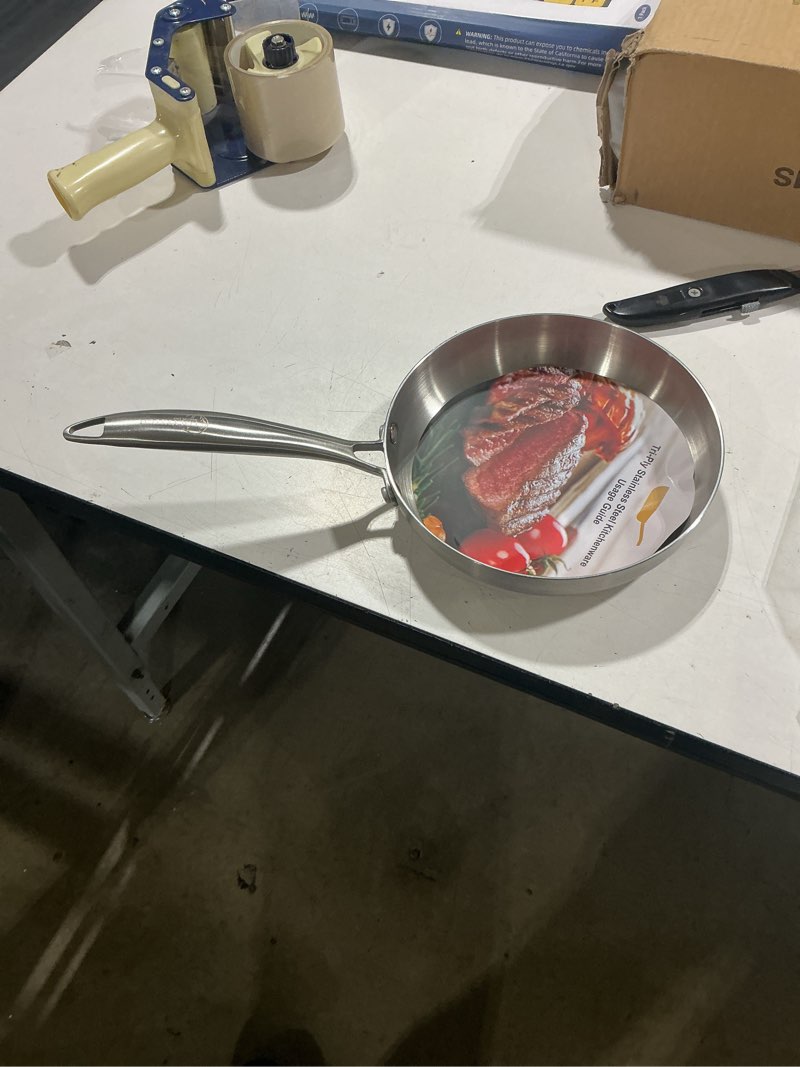 Condition photo showing Good Condition for lolykitch 8'' tri-ply stainless steel pan with lid | small egg omelet pan | riveted handle | pfas & pfoa free| frying pan | dishwasher oven safe | induction ready | compatible with all cooktops 8 inch with lid
