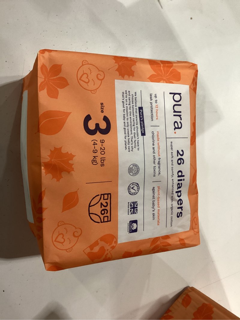 Condition photo showing New/Like New for pura hypoallergenic diapers, size 3 (9-20 lbs) monthly pack, overnight, up to 12 hours leak protection, suitable for sensitive skin, tcf, super soft organic cotton, 6 packs of 26 (156 baby diapers)