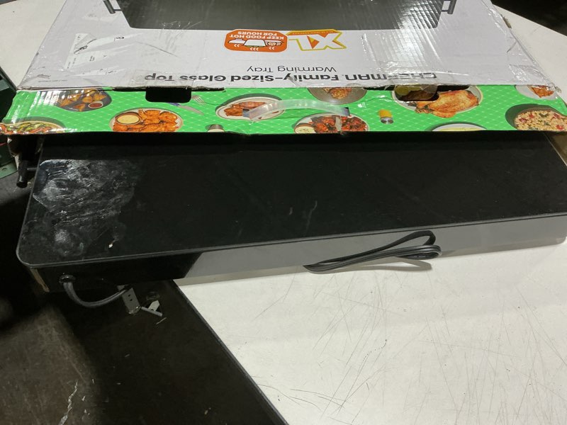 Condition photo showing Good Condition for Chefman Electric Warming Tray with Adjustable Temperature Control, Perfect For Buffets, Restaurants, Parties, Events, and Home Dinners, Large 21” x 16” Glass-Top Surface Keeps Food Hot – Black Stainless Black Large - 21" x 16"
