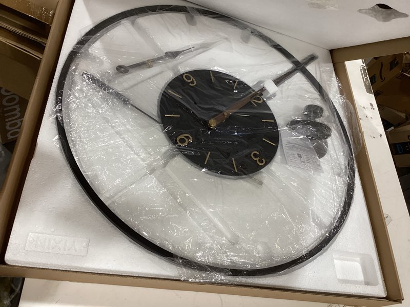 Condition photo showing New/Like New for 34.6×24 Inch Large Modern Decorative Oversized Pendulum Wall Clocks for Living Room,Big Minimalist Metal 3D Arabic Numeral Dial,Wall Clock With Walnut Pointers for Entryway,Dining Room Decor Black Arabic 34.6×24 inch