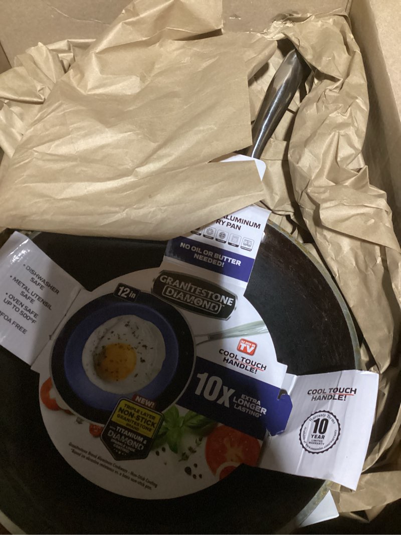 Condition photo showing New/Like New for Granitestone Blue 12 Inch XL Non Stick Frying Pan Skillet with Mineral and Diamond Triple Coated Surface for Long Lasting Nonstick Frying Pan for Cooking, Metal Utensil/Oven/Dishwasher Safe 12" Fry Pan