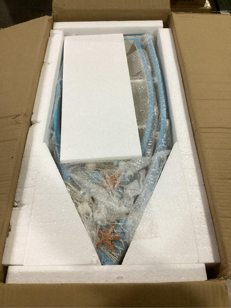 Condition photo showing New/Like New for Morning View Wood Boat Shelf Decor Nautical Beach Theme Display Boat Standing Boat with 2 Shelves Wooden Coastal Sea Bathroom Home Decor 19 Inch & 24 Inch Set of 2