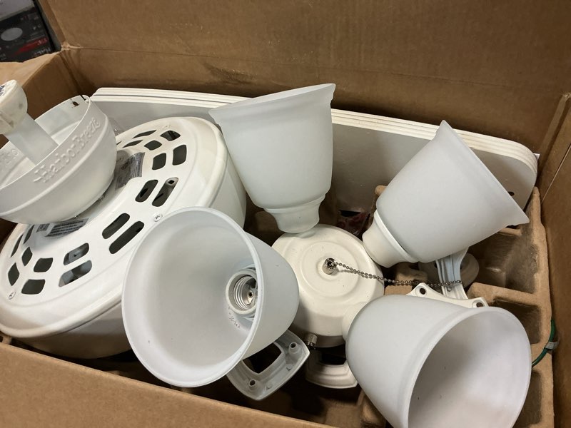Condition photo showing As Is for harbor breeze notus 52-in white with white/driftwood blades led indoor ceiling fan with light (5-blade)