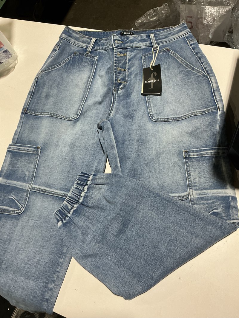 Condition photo showing Good Condition for flamingals straight leg button fly jeans for women multi pocket mid rise jeans without belt barrel pants 27" inseam light blue xx-large