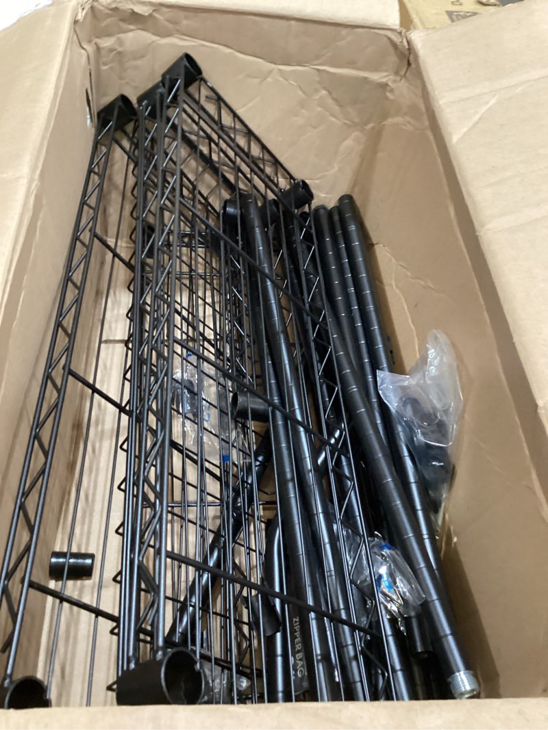 Condition photo showing As Is for amazon basics 4-shelf heavy duty garage shelving storage unit on 3" wheel casters, adjustable metal wire rack with leveling feet, 36" x 14" x 57.75", black 4-shelf 36" l x 14" w x 57.75" h black