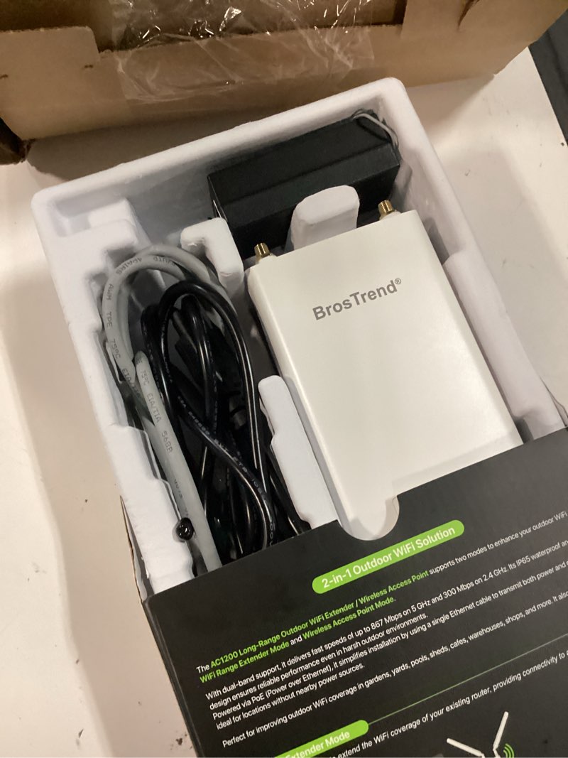Condition photo showing New/Like New for brostrend ac1200 outdoor wifi extender long range, dual band 5ghz + 2.4ghz, ip65 weatherproof gigabit signal booster, poe powered, with passive poe injector, 2x 5dbi antennas, works for yard, farm, rv
