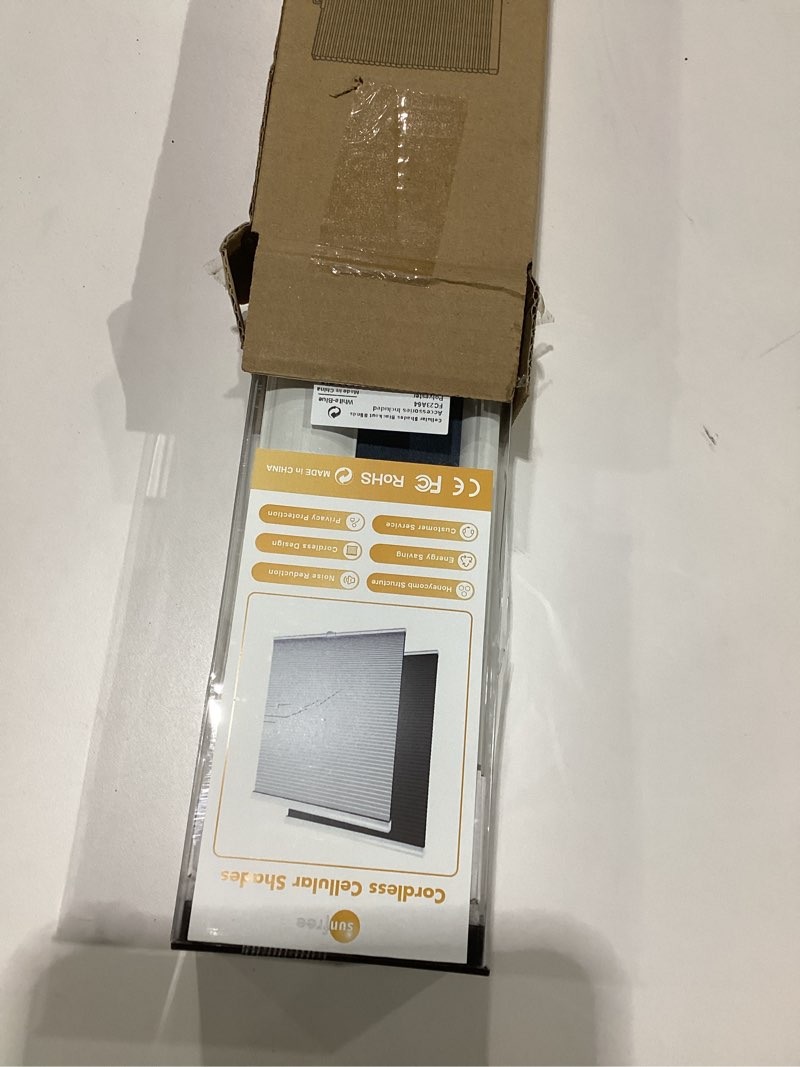 Condition photo showing New/Like New for Cellular Shades Cordless Blackout Blinds Honeycomb Window Shades for Bedroom, Blinds for Window and Door, Home and Office, White-Blue, 23" W x 64" H SUNFREE Blue(blackout) 23"W x 64"H