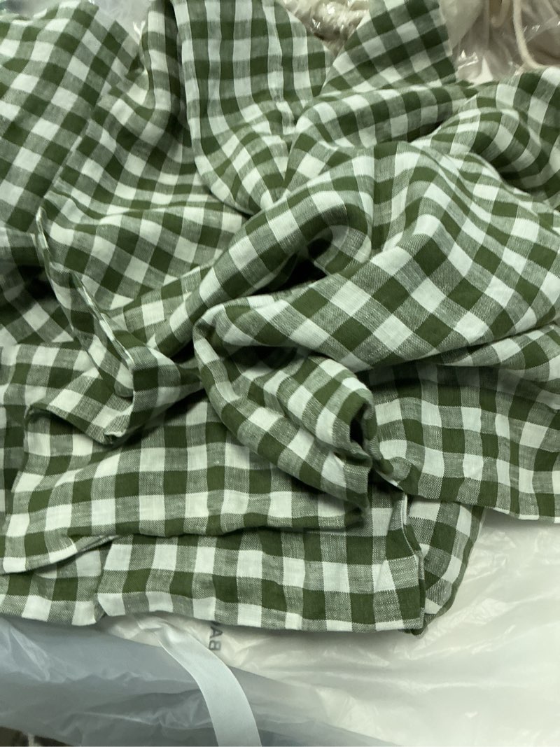 Condition photo showing As Is for european linen fitted sheet set, twin, olive gingham