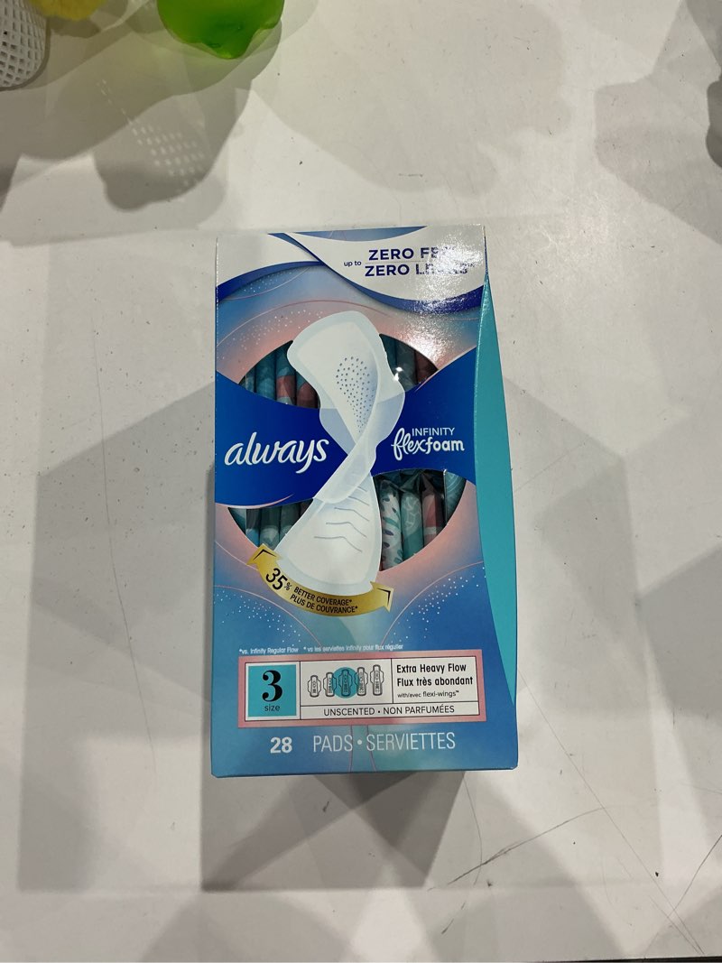 Condition photo showing Good Condition for always infinity feminine pads for women, size 3, extra heavy flow, with wings, unscented, 28 ct