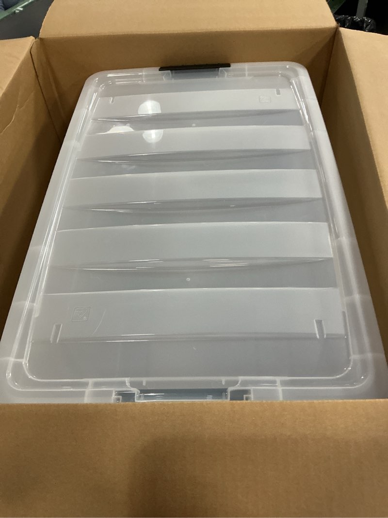 Condition photo showing Good Condition for ( incomplete) IRIS USA 2-Pack Storage Bins with Lids, 72 Quart, Made in USA Stackable See-Through Organizing Solution Latches Durable Nestable Containers Secure Pull Handle, BPA-Free Plastic Clear 72 Qt 2 Pack