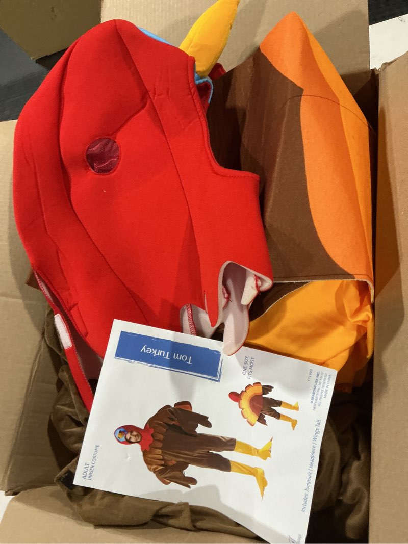 Condition photo showing As Is for Seasons Adult Turkey Costume Animal Thanksgiving Halloween Costume for Women and Men, One Size