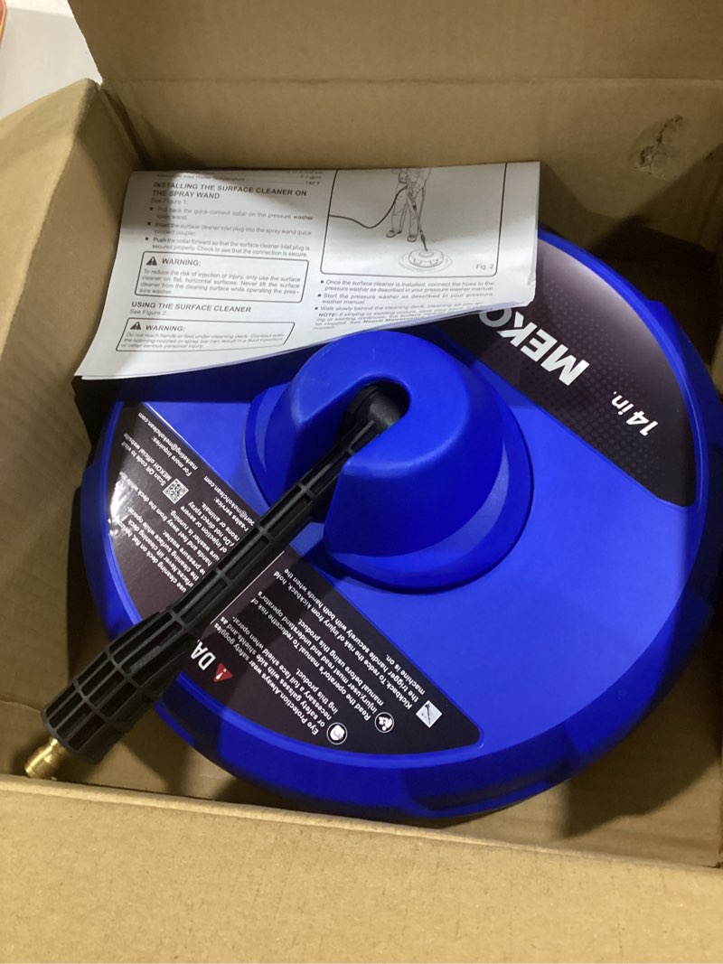Condition photo showing Good Condition for mekoh 14” electric pressure washer surface cleaner attachment, 2500 psi universal power washer accessories for driveway sidewalk deck patio concrete cleaning, 1/4" quick-connect, dual rotary nozzles blue