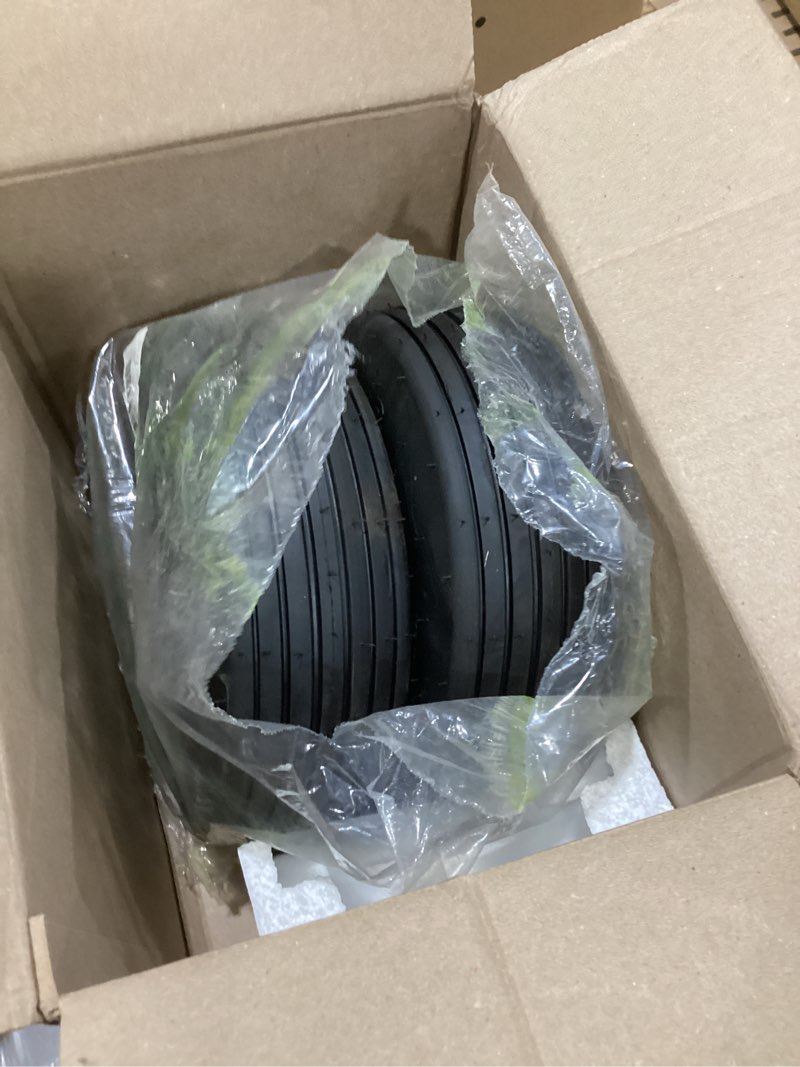 Condition photo showing As Is for ar-pro (2-pack) 11x4.00-5 tire and wheel assembly, 11x4-5 lawnmower tire (4-ply) and rim with tube, 3.4” centered hub with 3/4” bearings, universal lawn mower/yard tractor turf tires 11 x 4.00-5" pneumatic black(rib tread)
