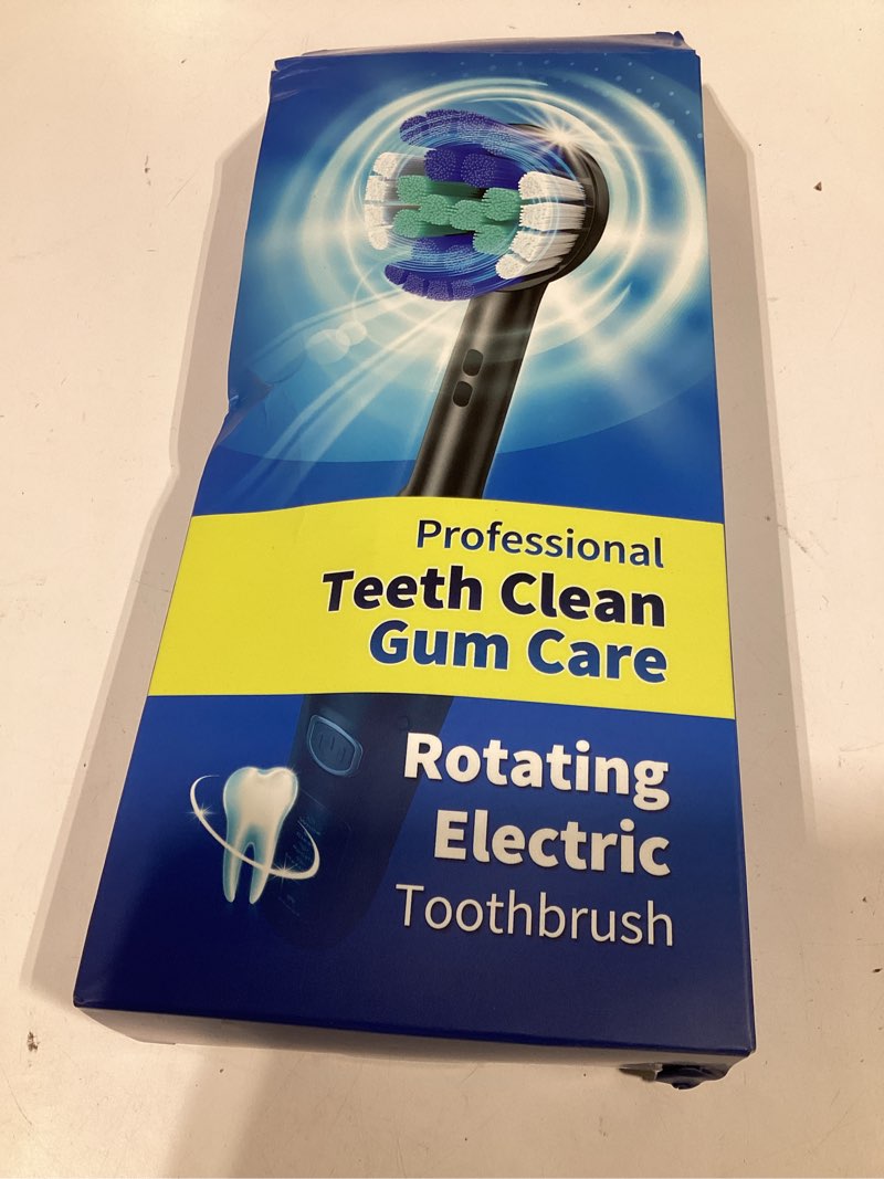 Condition photo showing As Is for teetheory rotating electric toothbrush for adults with 8 brush heads (2 types), 4 modes deep clean electric toothbrush with rechargeable power and 2 min smart timer black