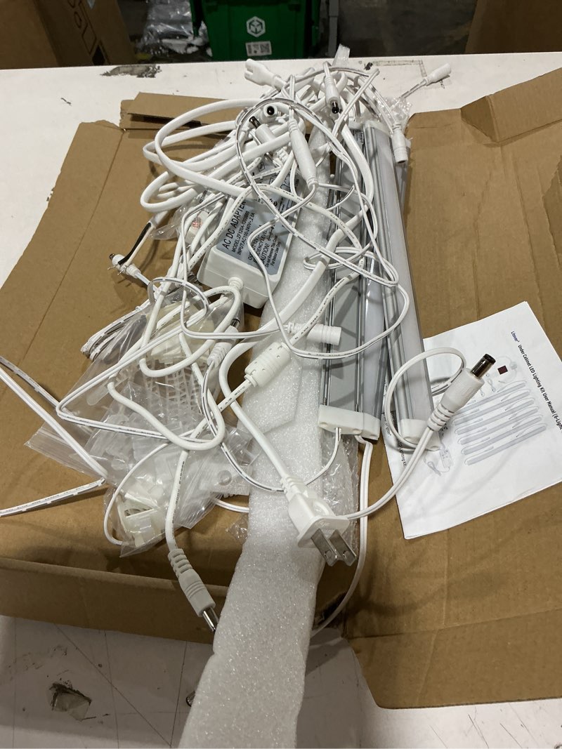 Condition photo showing As Is for litever under cabinet led lighting kit, super bright, 6 pcs 12” slim light bars, 31w 2000 lumen, dimmable, plug or wired power adapter, for kitchen cabinets counter shelf workbench (warm white 3000k) white cable-warm white 3000k