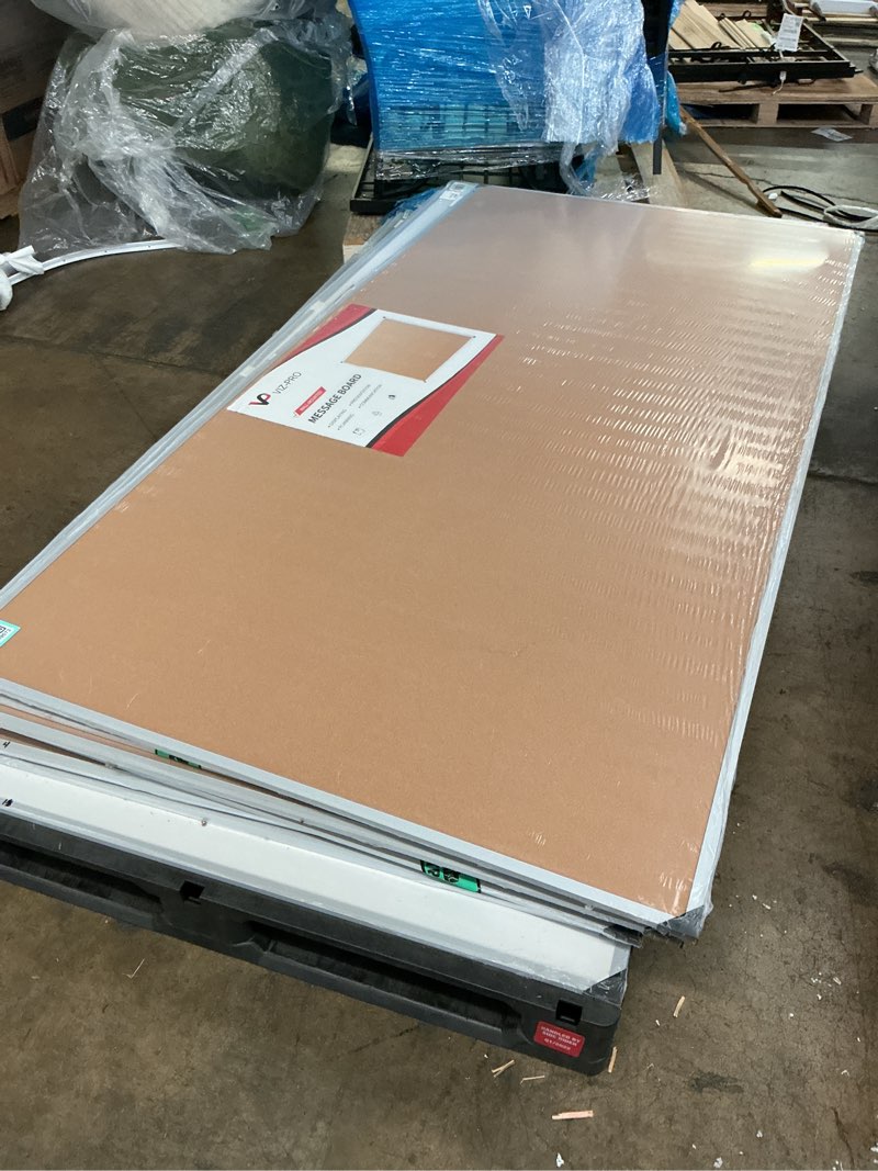 Condition photo showing As Is for viz-pro large cork bulletin board, 96 x 48 inches, wall-mounted corkboard with silver aluminium frame for school, office, and home 8' x 4'
