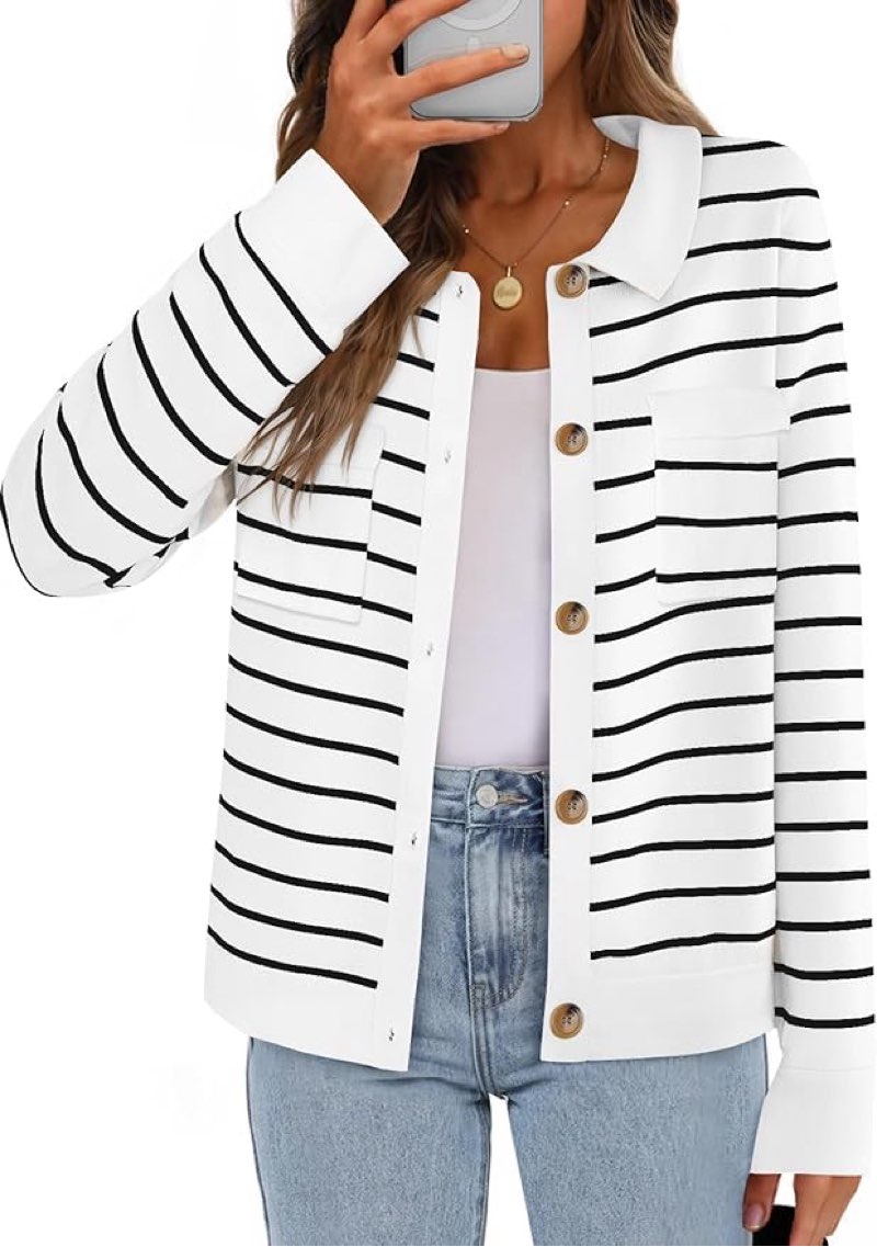( similar) MEROKEETY Women's 2024 Fall Knit Striped Long Sleeve Sweater Open Front Button Down Cardigan, WhiteC size XL