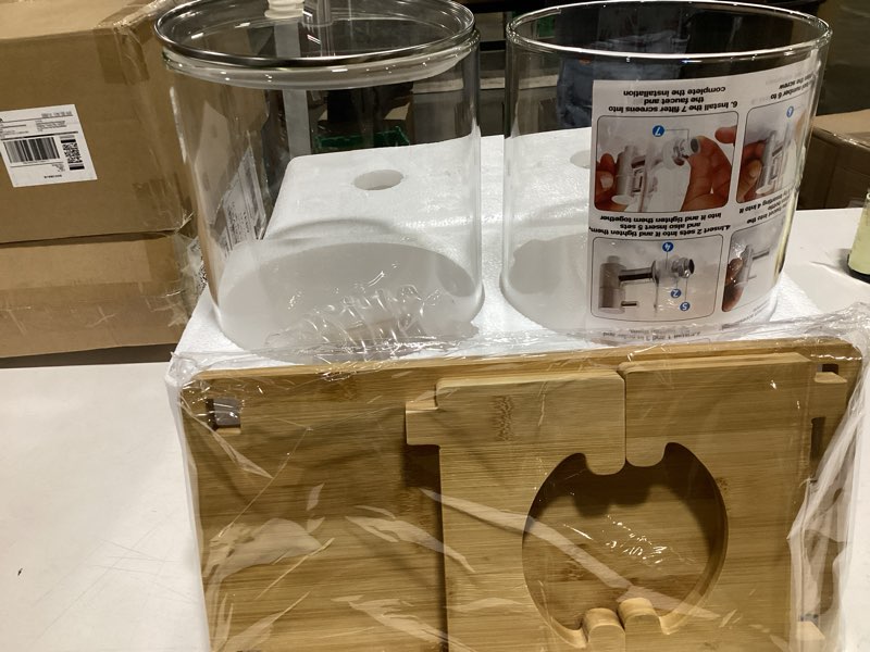 Condition photo showing As Is for 2 Pack 1.5 Gallon Drink dispenser with Stand?Glass Beverage Dispenser With Wood Stand, 18/8 Stainless Steel Spigot and Labels Large Water Drink Dispensers for Parties, Lemonade,Juice, Tea