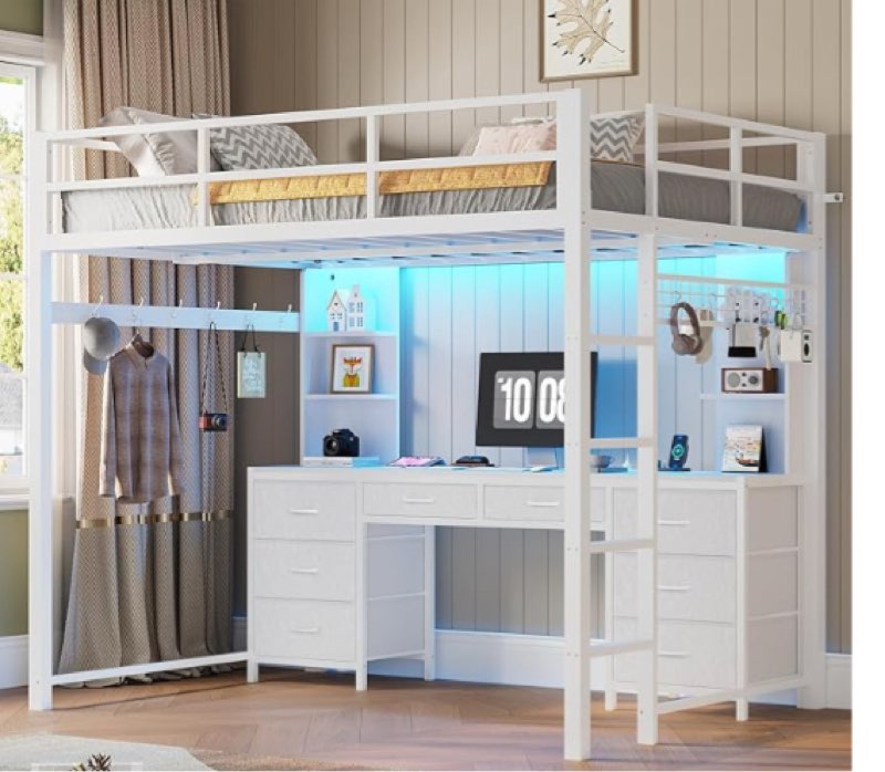 ADORNEVE Full Size Loft Bed with Desk and 8 Storage Drawers, Metal Loft Beds Full with LED Lights & Charging Sation, Heavy Duty Loft Bed Frame with 6 Storage Shelves, Space-Saving, Noise Free,White ( similar ) 