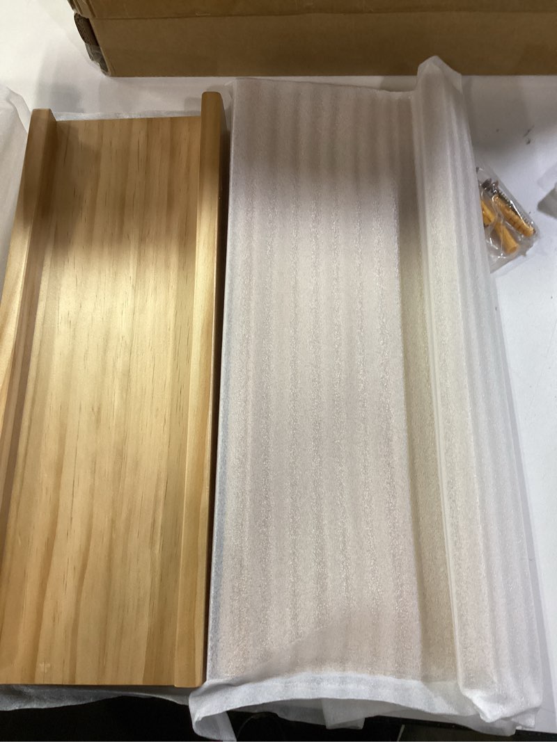 Condition photo showing Good Condition for Wood Floating Shelves Set of 2 Pine Wood Wall Shelf 16 inches, Floating Shelf for Wall Mounted - Upgrade Width 5.85", Floating Display Shelves for Living Room Bedroom Kitchen Bathroom, Natural Pine 16 inches