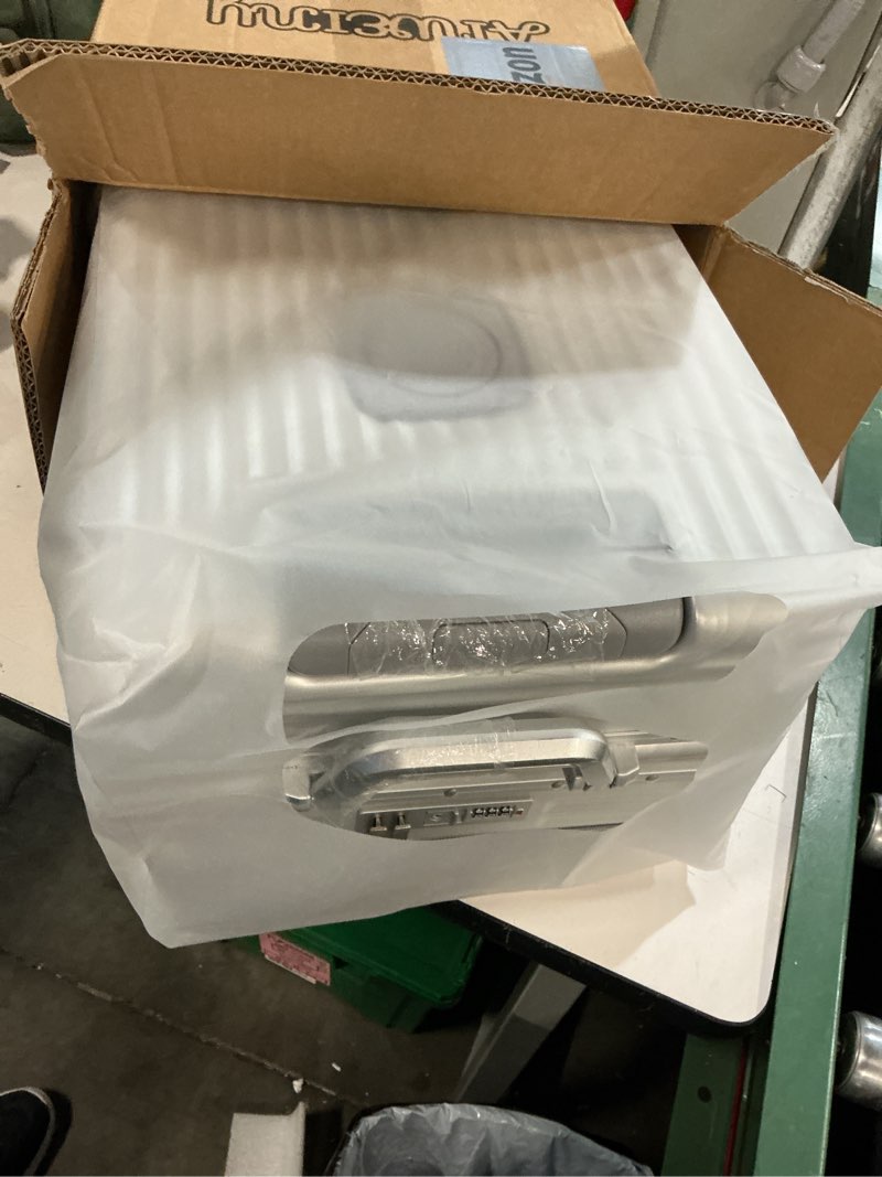 Condition photo showing New/Like New for zipperless luggage, 22.4" x 15.4" x 9.4" aviation certified, polycarbonate aluminum hardshell, expandable carry-on luggage with spinner wheels, hardshell luggage, 20 inch cabin silver 20 inch