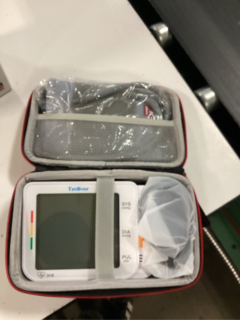 Condition photo showing New/Like New for digital blood pressure monitor, large cuff 0.7-1.3 feet, electric upper arm blood pressure machine with electric powered charger and device case, backlight lcd screen, 2 year warranty