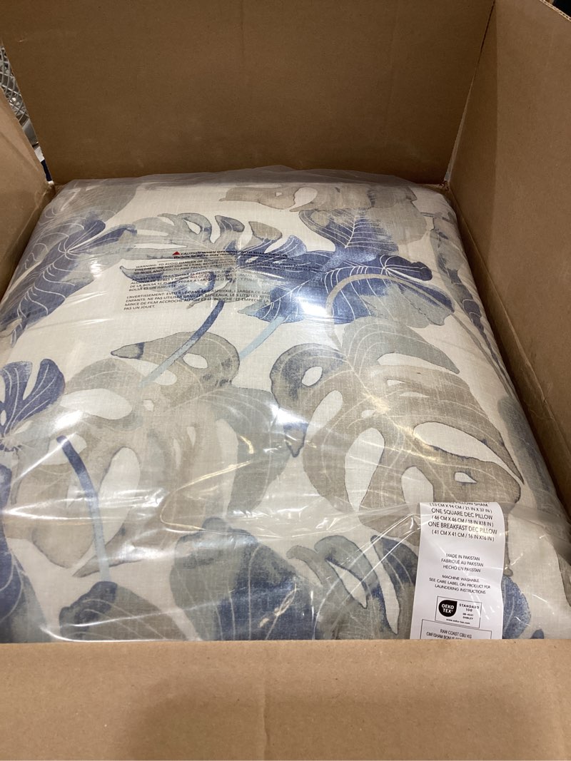 Condition photo showing Good Condition for tommy bahama - king comforter set, soft woven bedding with matching pillowcases & bonus throw pillows, medium weight for year round comfort, 5 piece bed set (raw coast blue) raw coast chambray blue king botanical print