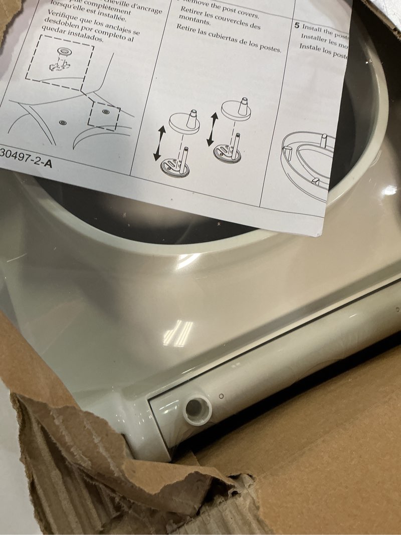 Condition photo showing New/Like New for kohler 25876-0 hyten 3" height, elevated soft close round toilet seat, contoured seat with grip-tight bumpers, quick-attach hardware, white white round